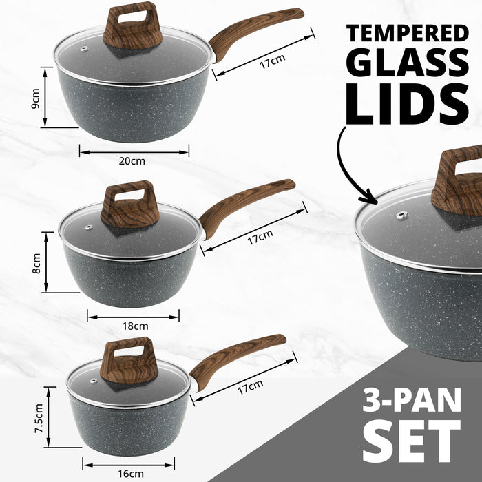 Homiu 3-Piece Dark Grey Non-Stick Saucepan Set with Glass Lids - 16cm, 18cm & 20cm