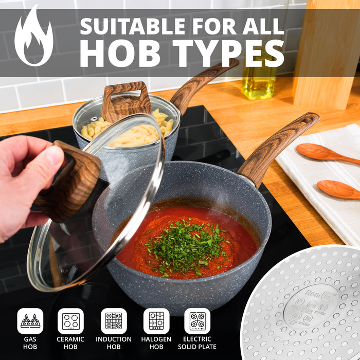 Homiu 3-Piece Dark Grey Non-Stick Saucepan Set with Glass Lids - 16cm, 18cm & 20cm