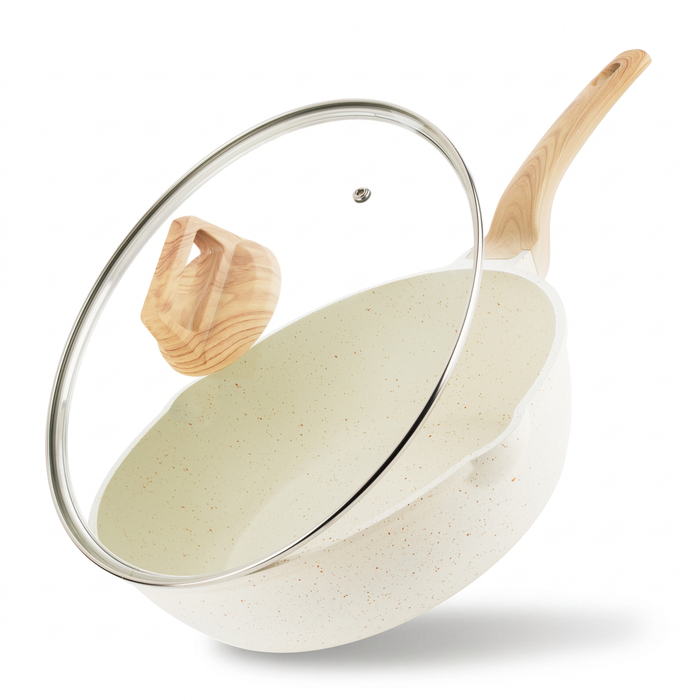 Homiu 28cm Deep Frying Pan with Lid - White
