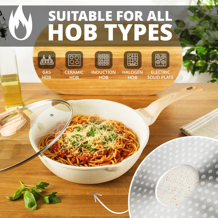 Homiu 28cm Deep Frying Pan with Lid - White