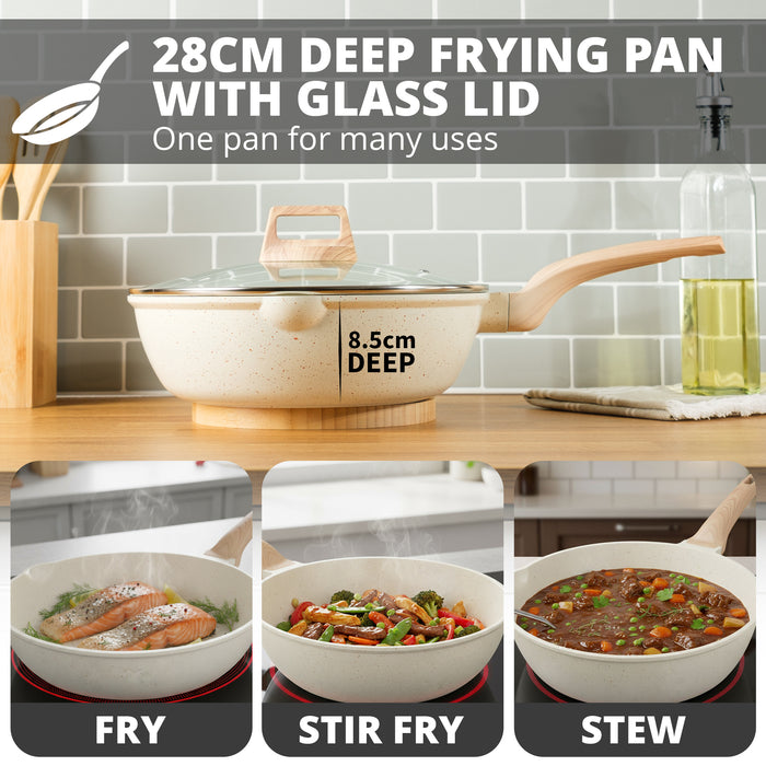 Homiu 28cm Deep Frying Pan with Lid - White