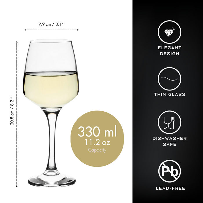 Homiu Large White Wine Glasses | Set of 6 | 330 ML | Florence Collection | Ideal for Party, Wedding, Christmas Gift, Home, Restaurants, Kitchen, Glassware | Dishwasher Safe