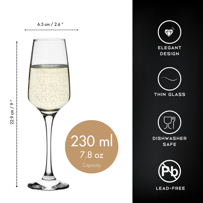 Homiu Champagne Flutes Set of 6 | 230 ML | Florence Collection | Gift for Women, Men, Wedding, Christmas | Lead-Free & Dishwasher Safe