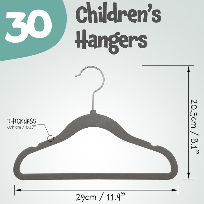 Homiu Non-Slip Kids Velvet Hangers - Grey - 30 Pack