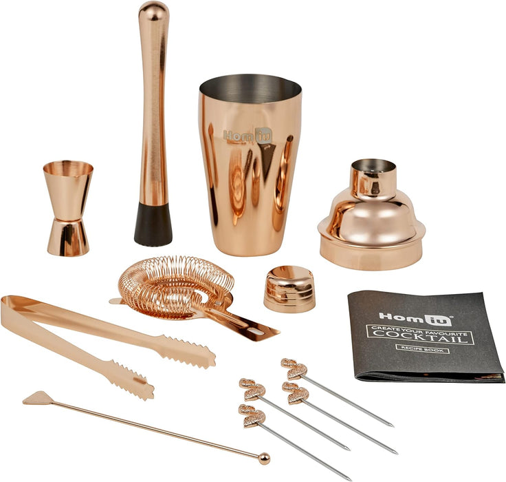 Homiu Copper Cocktail Making 10 Pack, Rose Gold, Boston Shaker, Stainless, Mixer Set