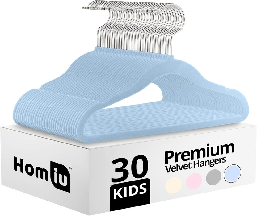 Homiu Non-Slip Kids Velvet Hangers - Blue - 30 Pack