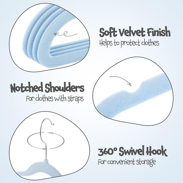 Homiu Non-Slip Kids Velvet Hangers - Blue - 30 Pack
