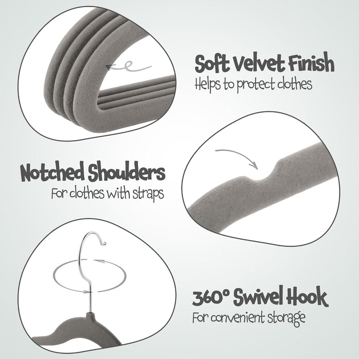Homiu Non-Slip Kids Velvet Hangers - Grey - 30 Pack