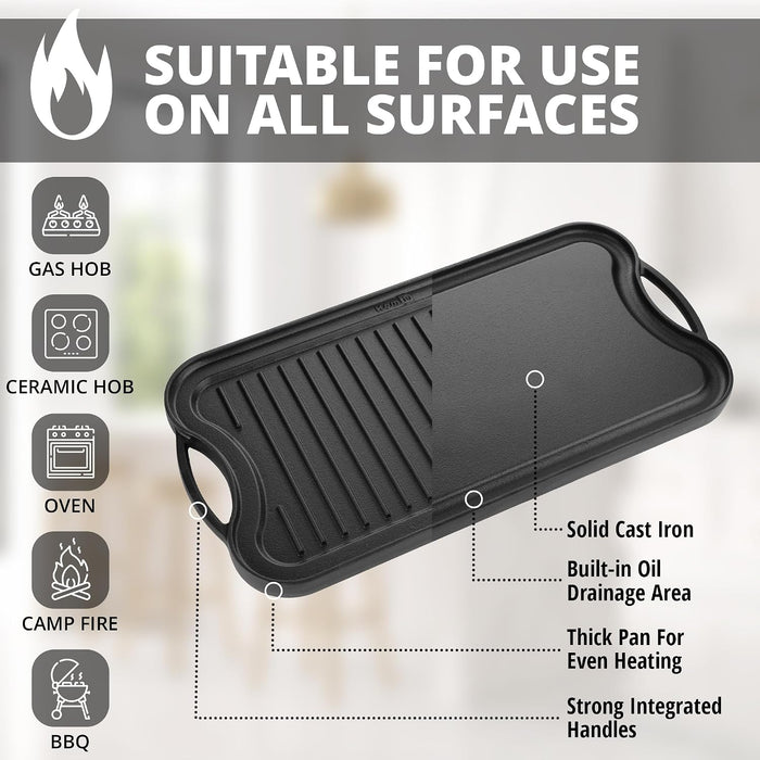 Homiu Reversible Cast Iron Griddle Pan - PREMIUM 50cm