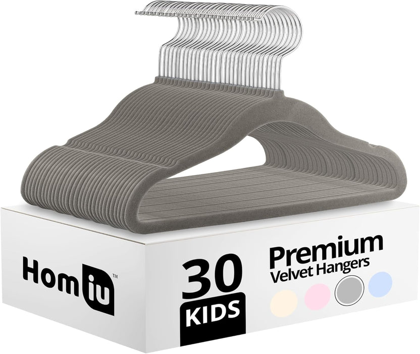 Homiu Non-Slip Kids Velvet Hangers - Grey - 30 Pack