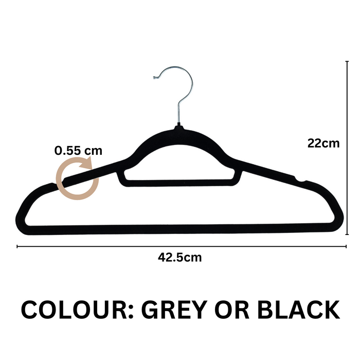 Homiu Velvet Non-Slip Coat Hangers - Black or Grey, 20-pack or 50-pack