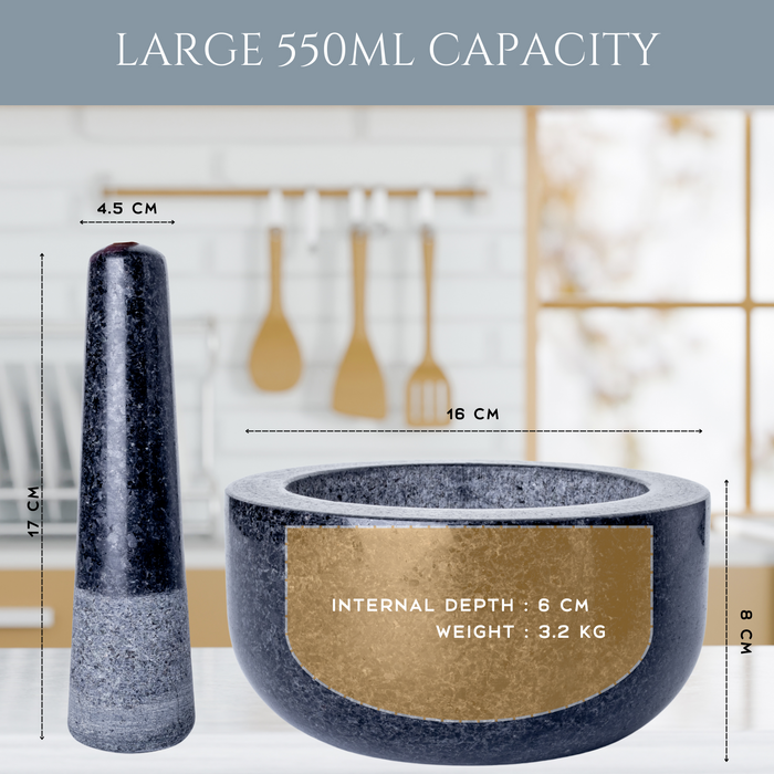 Homiu Granite Pestle and Mortar, Premium Natural Stone, Large 15.5 Centimetres Diameter