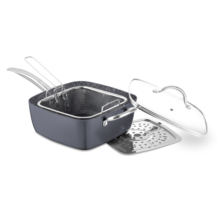 4 in 1 Non Stick Pot, Deep Multi-Use Pan with Fry Basket, Steamer Insert, Tempered Glass Lid