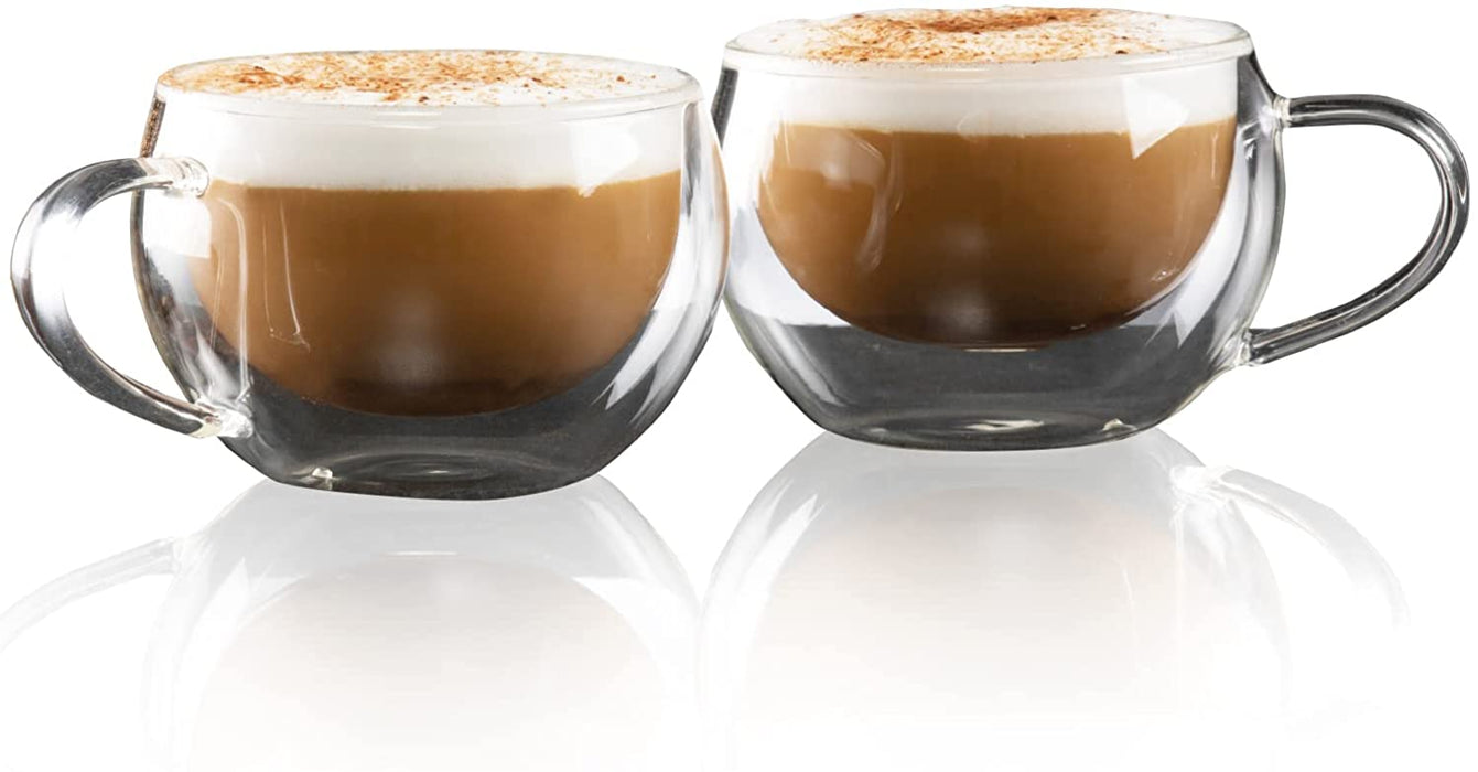 Homiu Double Walled Coffee or Tea Glasses Borosilicate Thermo Glass Cups with Handle 300ml