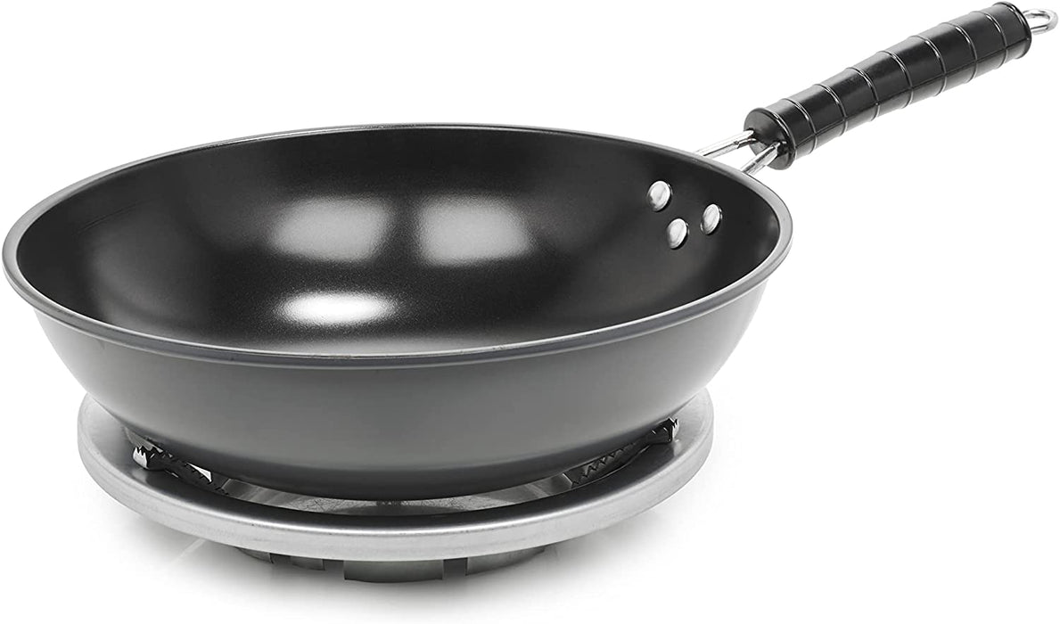 Homiu Non Stick Wok with Stand, 30cm Carbon Steel Wok Pan with Heat-Resistant Ribbed Handle