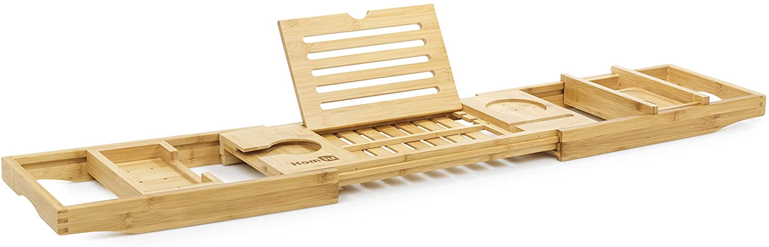 Homiu Bamboo Extendable Bath Caddy, Premium Wooden Bathtub Tray