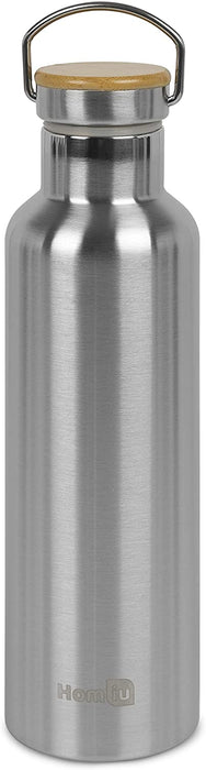 Homiu Water Bottle with Carrying Handle Insulated, Double Walled, Hot or Cold, Stainless Steel Vacuum Flask, Reusable (Silver, 750 ml)
