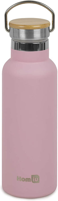 Homiu Water Bottle with Carrying Handle, Insulated, Double Walled, Hot or Cold, Stainless Steel Vacuum Flask, Reusable (Pink, 500 ml)