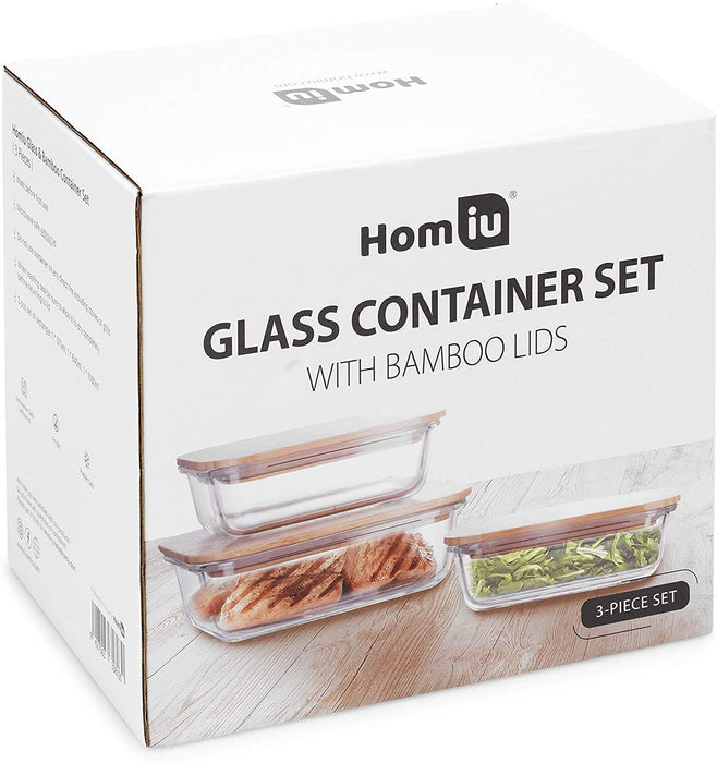 Homiu Food Storage Glass Container with Smooth Bamboo Lid, Impact Resistant Airtight Leak-Proof Oven and Freezer Safe 3 Pack