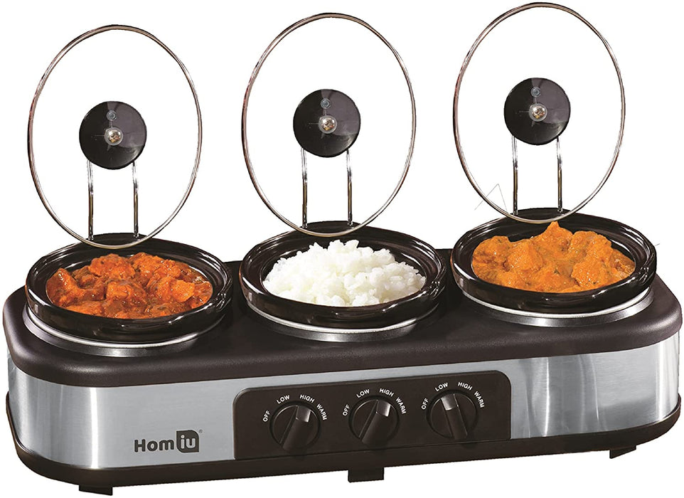 Homiu Triple Slow Cooker, 3 Individual Heat Pots, Easy Clean, Non Stick, Temperature Control 3 Settings Low Medium High 300W Power, Ceramic Silver