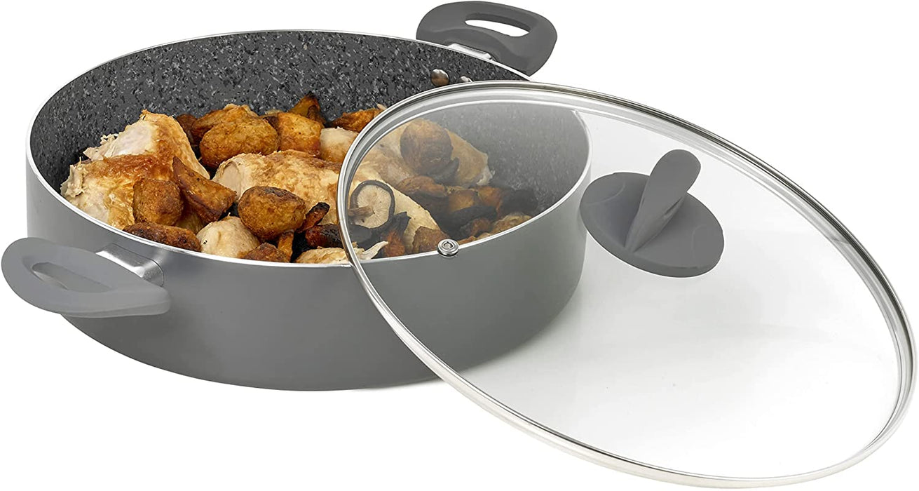 Homiu Shallow Non Stick Casserole Dish with Tempered Glass Lid, 29cm Forged Pot