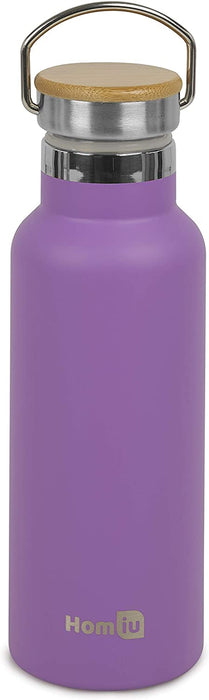 Homiu Water Bottle with Carrying Handle, Insulated, Double Walled, Hot or Cold, Stainless Steel Vacuum Flask, Reusable (Purple, 500 ml)