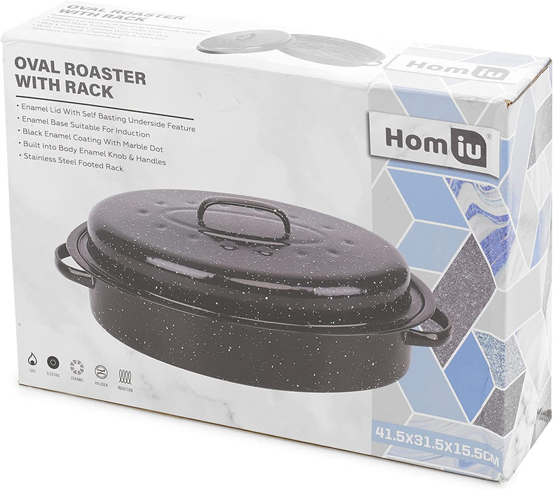 Homiu Enamel Self Basting Roasting Dish Pan Vitreous Enamel Roaster Oven Baking Pan Tin with Lid (Roaster and Rack 41.5 cm)