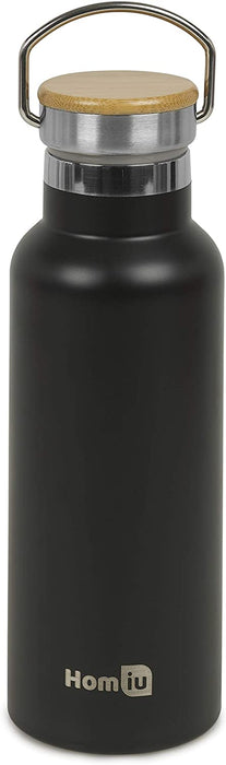 Homiu Water Bottle with Carrying Handle Insulated Double Walled Stainless Steel Vacuum Flask, Reusable (Black, 500 ml)