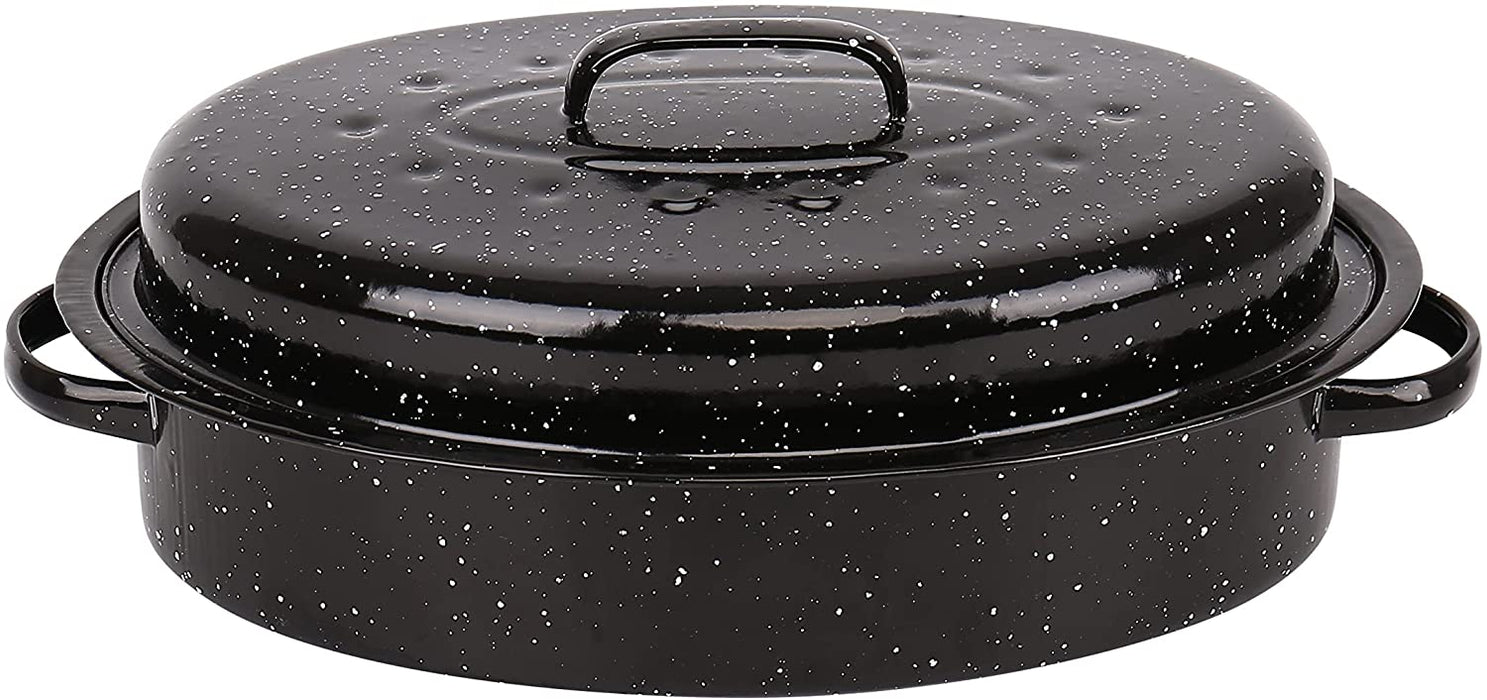 Homiu Enamel Self Basting Roasting Dish Pan Vitreous Enamel Roaster Oven Baking Pan Tin with Lid (Roaster and Rack 37 cm)