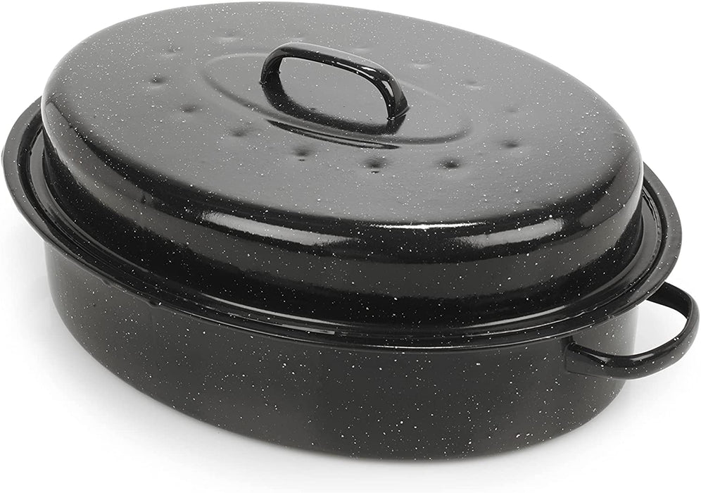 Homiu Enamel Self Basting Roasting Dish Pan Vitreous Enamel Roaster Oven Baking Pan Tin with Lid (Roaster and Rack 41.5 cm)