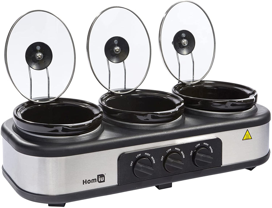 Homiu Triple Slow Cooker, 3 Individual Heat Pots, Easy Clean, Non Stick, Temperature Control 3 Settings Low Medium High 300W Power, Ceramic Silver