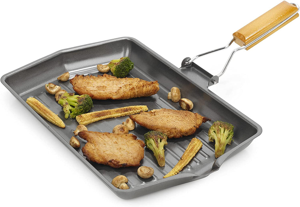 Homiu Griddle Pan Plate, Carbon Steel, Non-Stick Ridge Surfaces with Folding Handle for Stoves and Grills, Large