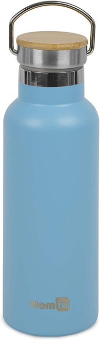 Homiu Water Bottle with Carrying Handle Insulated, Double Walled, Hot or Cold, Stainless Steel Vacuum Flask, Reusable (Blue, 500 ml)