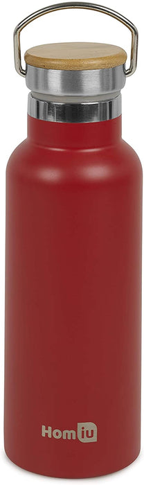 Homiu Water Bottle with Carrying Handle, Insulated, Double Walled, Hot or Cold, Stainless Steel Vacuum Flask, Reusable (Red, 500 ml)