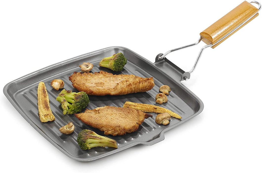 Homiu Griddle Pan Plate Carbon Steel with Non-Stick Ridge Surfaces, Frying Pans with Folding Handle for Stoves and Grills (Square)