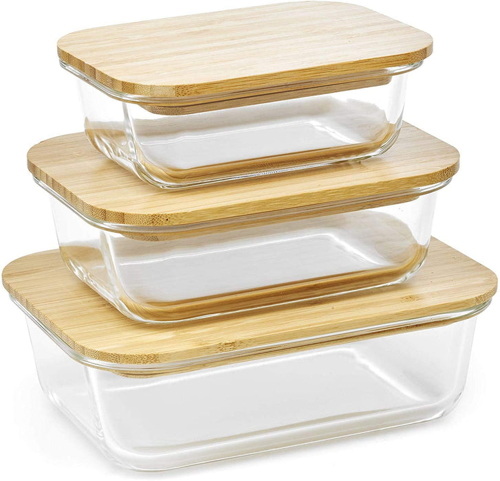 Homiu Food Storage Glass Container with Smooth Bamboo Lid, Impact Resistant Airtight Leak-Proof Oven and Freezer Safe 3 Pack