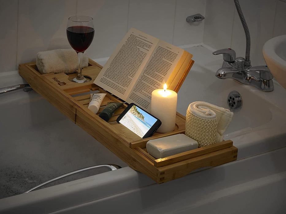 Homiu Bamboo Extendable Bath Caddy, Premium Wooden Bathtub Tray