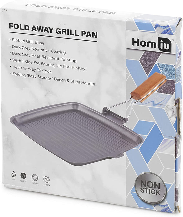 Homiu Griddle Pan Plate Carbon Steel with Non-Stick Ridge Surfaces, Frying Pans with Folding Handle for Stoves and Grills (Square)