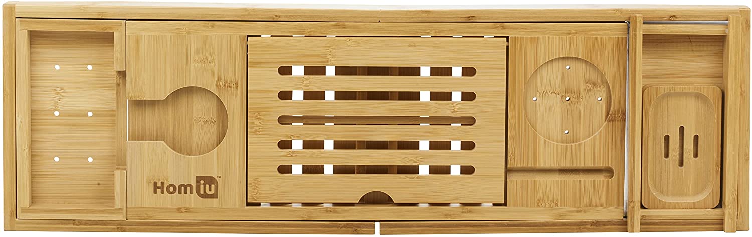 Homiu Bamboo Extendable Bath Caddy, Premium Wooden Bathtub Tray