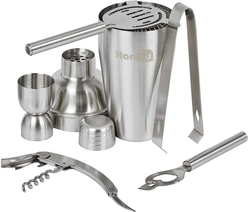 Homiu Deluxe Cocktail Stainless Steel Bar Gift 8 Piece Set with Elegant Table Stand