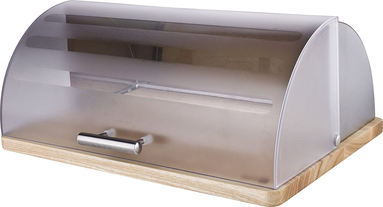 Homiu Roll Top Bread Bin, Stainless Steel, Elegant With Wooden Surface, Silver