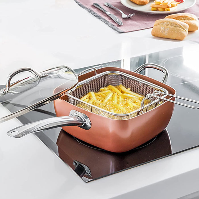 Homiu 4 In 1 Multi Pan Deep, Fry Chips Copper, Kitchen Basket, Glass Lid, Bake, Food