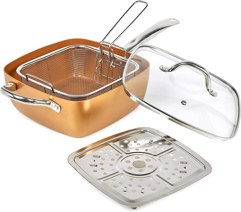 Homiu 4 In 1 Multi Pan Deep, Fry Chips Copper, Kitchen Basket, Glass Lid, Bake, Food