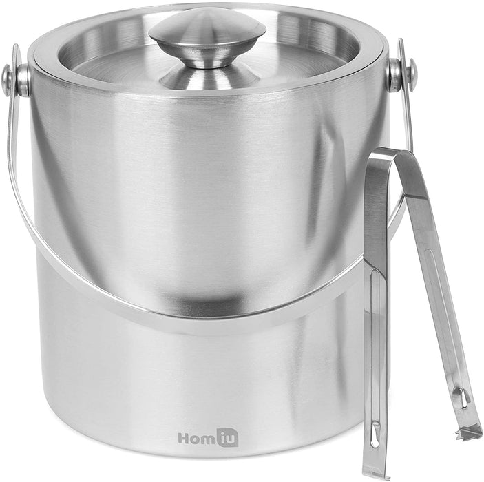 Homiu Ice Bucket with lid and Tongs Stainless Steel Double Wall 1.5 Or 2 Litre Container Cube Thick Pail with Tweezers