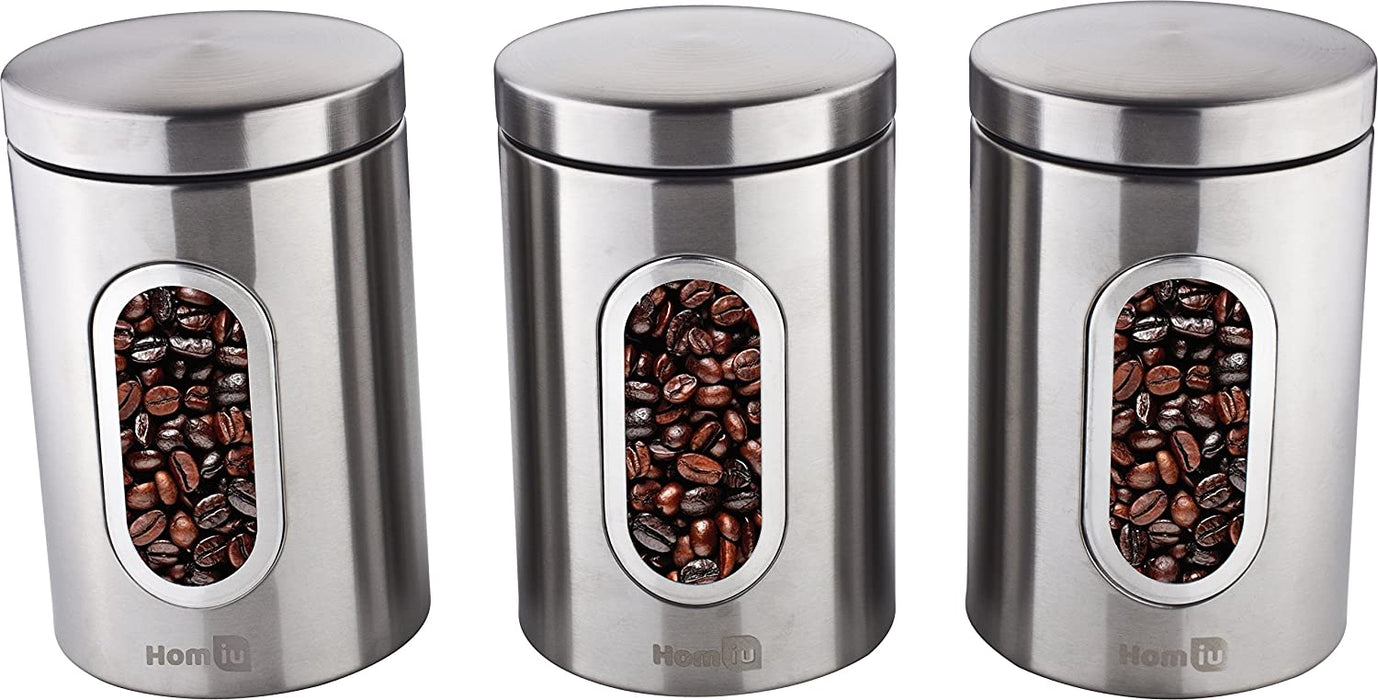 Homiu Tea Coffee and Sugar Window Canisters, Set of 3, Silver, Storage, Tea, Coffee