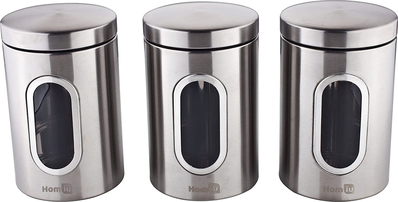 Homiu Tea Coffee and Sugar Window Canisters, Set of 3, Silver, Storage, Tea, Coffee