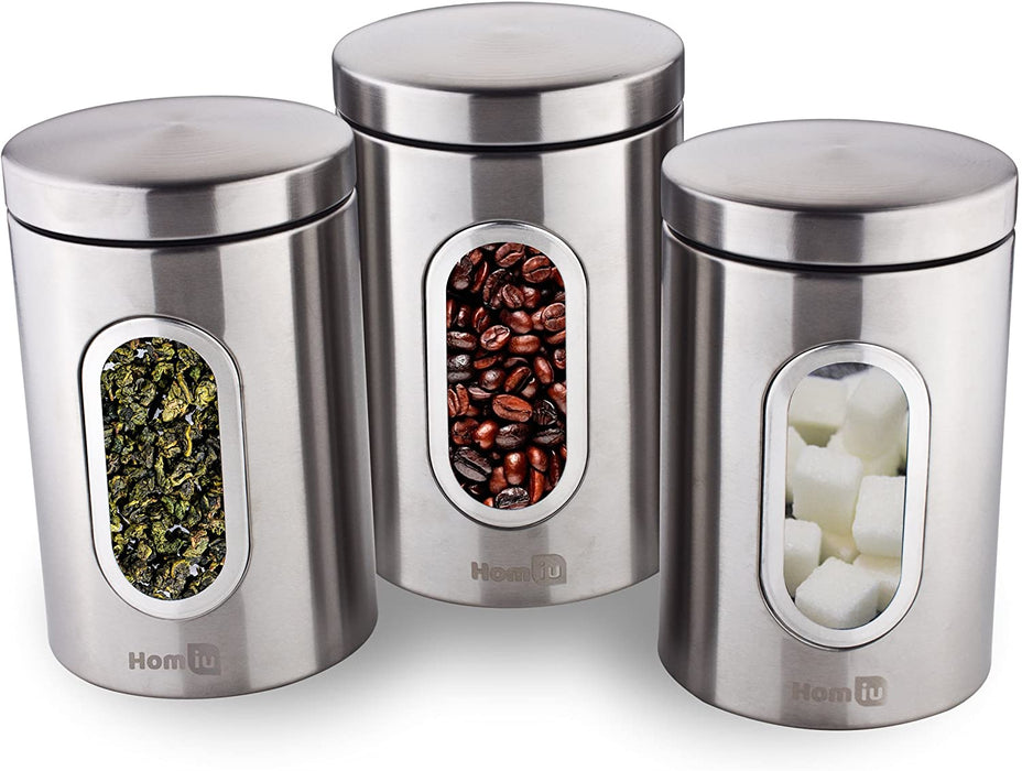 Homiu Tea Coffee and Sugar Window Canisters, Set of 3, Silver, Storage, Tea, Coffee