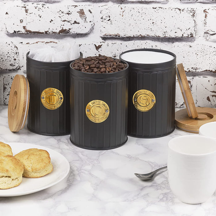 Homiu 3 Set Coffee Tea Sugar Canister Bamboo Lid Food Storage Gold Black Premium