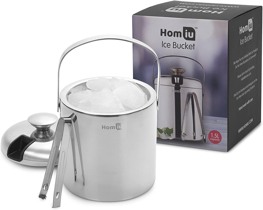 Homiu Ice Bucket with Lid and Tongs, Stainless Steel, Double Wall 1.5 Litre Container, Cube Thick Pail with Tweezers