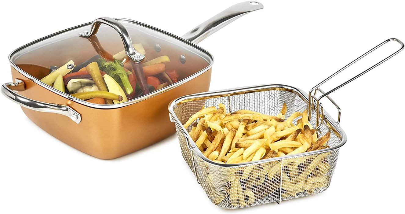 Homiu 4 In 1 Multi Pan Deep, Fry Chips Copper, Kitchen Basket, Glass Lid, Bake, Food
